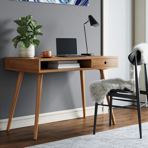 A stylish computer desk with versatile storage options to help you tuck away WFH accessories and stay organized. Small Home Office Desk, Small Writing Desk, Modern Bureau, Modern Home Office Desk, Storage Cubby, Writing Desk Modern, Wood Computer Desk, Writing Desk With Drawers, Home Office Computer Desk