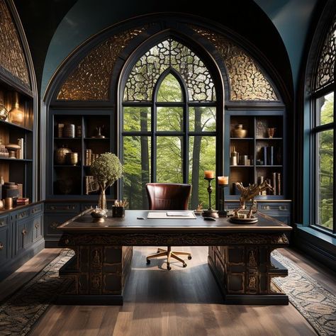 Victorian Gothic Office, Fairytale Office, Gothic Office Ideas, Victorian Office Aesthetic, Gothic Interior Design Modern, Gothic Interior Design Victorian, Modern Academia Aesthetic, Victorian Study Room, Library Office Room