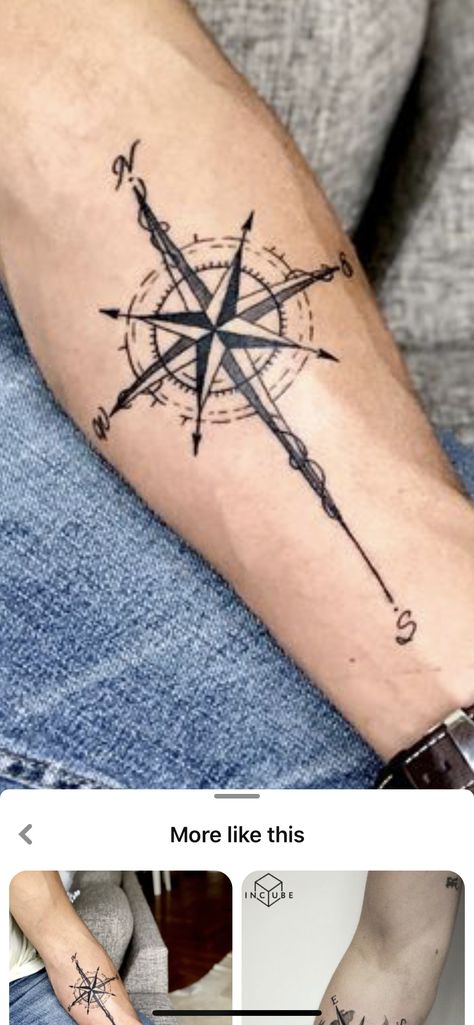 I like this for the overall shape, size & scale .. I like everything about this image except the swirly things on the tips of the compass. I like the font of the N, S, E, W .. N S E W Tattoo, Compass Rose Tattoo Men Forearm, Compass Tattoo Wrist, Traveler Tatoos, Forearm Compass Tattoo Men, Compass Rose Tattoo Men, Compass Cross Tattoo, Compass Tattoo Design Men, Tattoo Compass Men