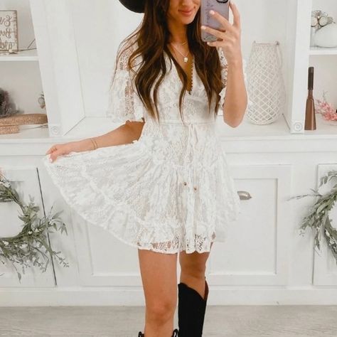 Lacy Mini Dress Super Cute For A Brunch Or Day Date! White Country Dress, Boho Bridal Shower Dress, Mock Neck Bodycon Dress, Pink Dress Casual, Short Sleeve Shift Dress, Snake Print Dress, Country Dresses, Bridal Shower Dress, Tie Dye Maxi Dresses