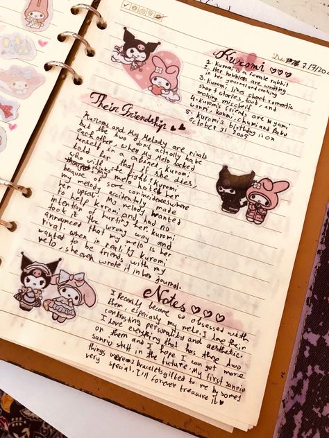 Sanrio Scrapbook Ideas, Kuromi Notes, Journal Cover Ideas, Hello Kitty Decorations, Bulletin Journal, Journal Lettering, Anime Journal, Journal Diy, Notebook Ideas