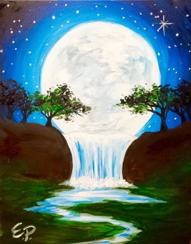 Moon Waterfall Painting, Easy Nature Paintings, Canvas Painting Projects, Sunset Canvas Painting, Sunset Painting Acrylic, Pond Painting, Cherry Blossom Painting, Waterfall Paintings, Moonlight Painting