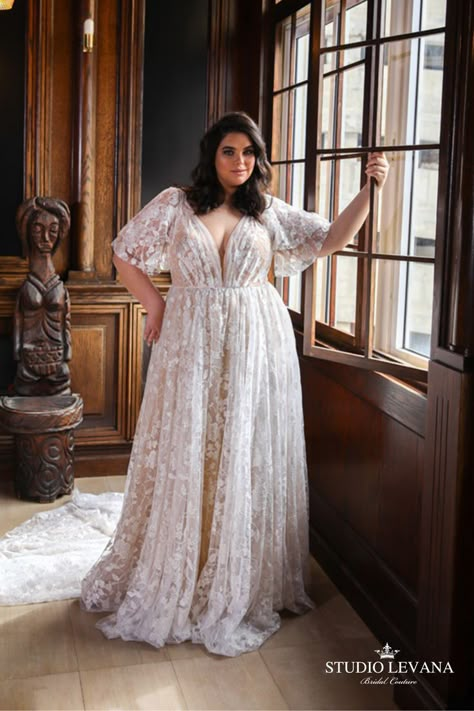 Plus Size A-line Bohemian Lace Wedding Dress with Bell Sleeves For Curvy Brides All Lace Wedding Dress With Sleeves, 1920s Wedding Dress Plus Size, Curvy Winter Wedding Dress, Vegas Wedding Dress Plus Size, Empire Waist Wedding Dress Plus Size, Vow Renewal Plus Size Dress, Gold Wedding Dress Plus Size, Plus Size Lace Wedding Dress With Sleeves, Boho Plus Size Wedding Dresses