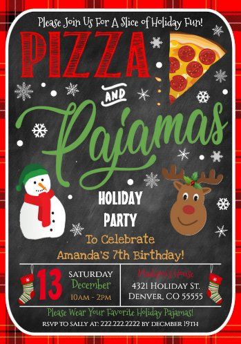 Pizza and Pajamas Christmas Birthday Party Invitat Invitation | Zazzle Pizza And Pajamas, Pajamas Christmas, Christmas Birthday Party, Pizza Party, Holiday Pajamas, Pajama Party, 7th Birthday, Christmas Pajamas, Favorite Holiday