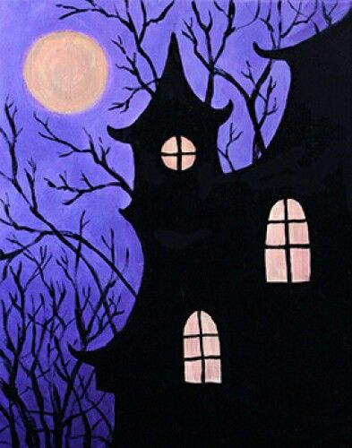 Haunted Halloween Halloween Canvas Paintings, Christmas Paintings On Canvas, Paint Nite, Holiday Painting, Easy Canvas Painting, Halloween Painting, Halloween Drawings, Autumn Painting, Night Painting