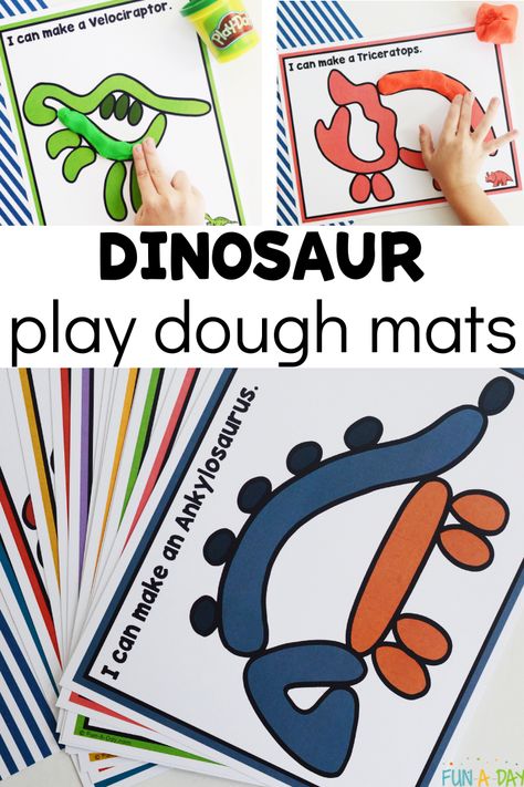 Your little paleontologists are going to get a kick out of these free printable dinosaur play dough mats. They can review the names of different dinosaurs as they strengthen their hands and create with play dough. Preschool Dinosaur Theme, Garden Preschool, Dinosaur Unit Study, Dinosaur Crafts Preschool, Dinosaur Template, Dinosaur Lesson, Dinosaur Theme Preschool, Dinosaur Activities Preschool, Play Dough Mats