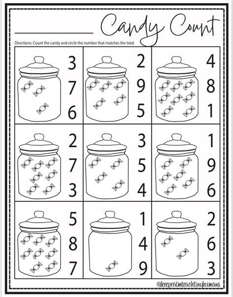 Practice counting and number recognition with this no prep worksheet! Candy Activities For Kids, Math Worksheets For Kids, Counting Worksheets For Kindergarten, Counting Worksheet, Toddler Math, Counting Practice, Math Addition Worksheets, Holiday Worksheets, Alphabet Worksheets Kindergarten