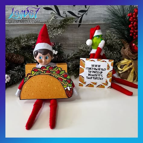 A silly way to have your grinch elf play a prank on your regular elf!This comes with:1 note1 taco outfit propA fun addition to any of our packages! The Grinch Elf On The Shelf Ideas, Grinch Pranks, Grinch Elf Ideas, Elf Grinch Ideas, Taco Outfit, Elf On The Shelf Pet Ideas, Elf Fun, Magic Items, Day Countdown