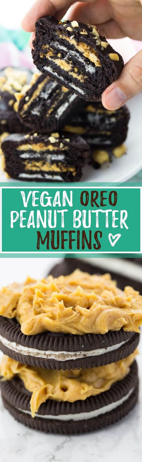 These peanut butter Oreo muffins are seriously amazing! Incredibly easy to make, heavenly chocolaty, and so decadent! And they're a real eye-catcher! Oreo Peanut Butter, Oreo Muffins, Healthy Vegan Dessert, Butter Muffins, Peanut Butter Muffins, Peanut Butter Oreo, Vegan Muffins, Brownie Desserts, Dessert Aux Fruits