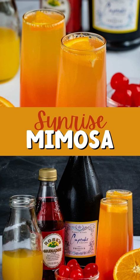 A Sunrise Mimosa is orange juice and champagne with grenadine - such a pretty cocktail! Perfect for brunch! Mimosa By The Gallon, Prosecco And Grenadine, Peach Mimosa Recipe Champagne, How To Make A Mimosa Orange Juice, Orange Juice And Champagne Mimosas, Flavored Mimosa Recipe, Strawberry Orange Mimosa, Mimosa Recipe Orange, Mimosa Flavors