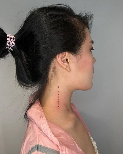 Favored Tattoo On Neck, Neck Hairline Tattoos Women, Vertical Neck Tattoos Women, Neck Tattoos Women Side Words, Small Side Neck Tattoo, Tattoo On Neck Women, Love Neck Tattoo, Neck Tattoos Side, Neck Tattoo Placement