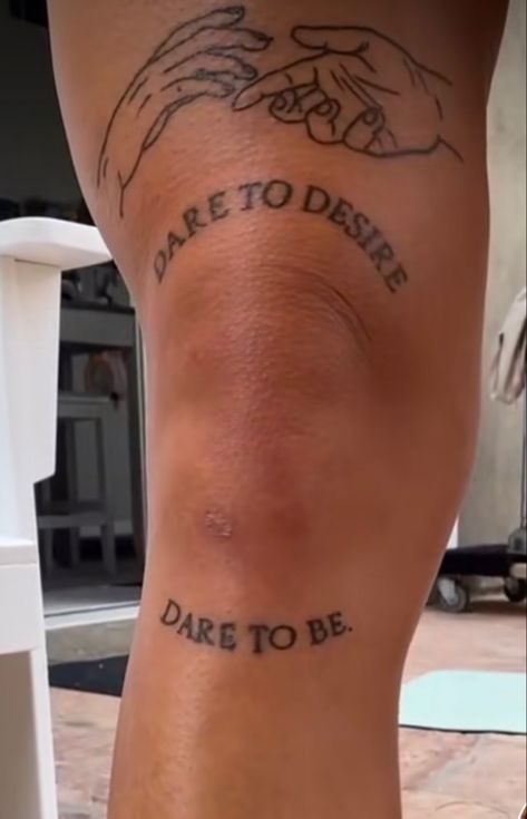 Creator Of My Own Reality Tattoo Knee, Knee Tattoo Words Quotes, No Rain No Flowers Knee Tattoo, Knee Scrape Tattoo, Parch Work Tattoo Ideas, Knee Writing Tattoo, Knee Tattoo Writing, Knee Lettering Tattoo, Word Knee Tattoos