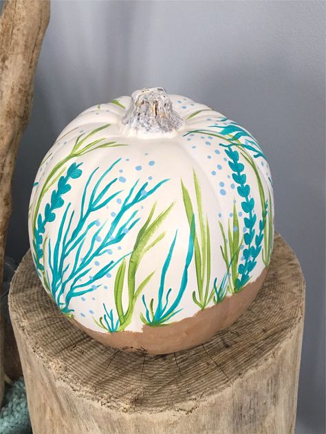 Beachy Pumpkin Painting Ideas, Beach Painted Pumpkins, Ocean Pumpkin Painting, Beach Pumpkins, Coastal Pumpkins, Coastal Halloween, Coastal Boutique, Pumpkins Crafts, Halloween Beach