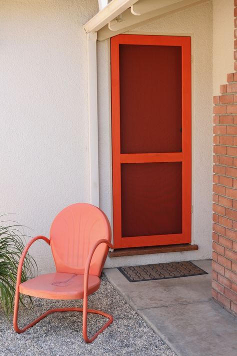 modern screen door DIY orange Screen Door Inside House, Cute Screen Door, Mcm Exterior Door, Mid Century Screen Door, Mid Century Modern Screen Door, Modern Screen Door, Front Screen Door, Front Door Screen, Screen Door Diy