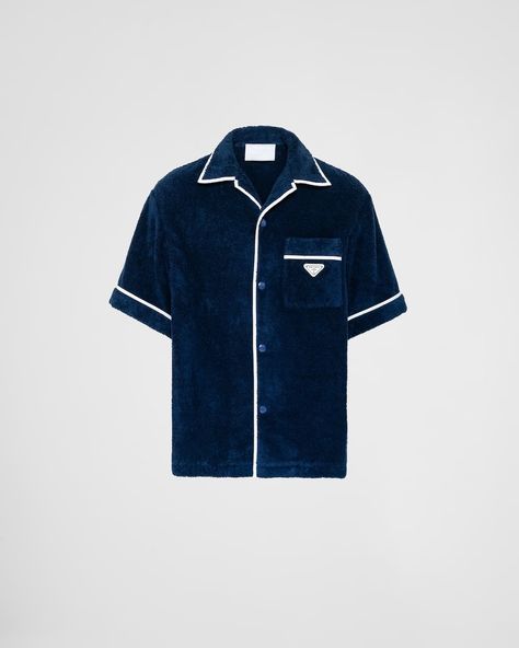 Navy Cotton Bowling Shirt | PRADA Prada Clothes, Missoni Fashion, Asian Men Fashion, Creative T Shirt Design, Bowling Shirt, Contrasting Trim, Bowling Shirts, Prada Men, Airport Style