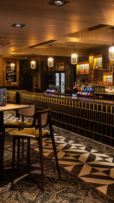 A sophisticated sports bar with art deco interiors inspired by The Great Gatsby with contemporary cane chairs 1920s Bar Decor, Art Deco Interior 1920s, 1920s Bar, 1920s Interior Design, Art Deco Elements, Inspired Aesthetic, Bar Interior, The Great Gatsby, Sunderland