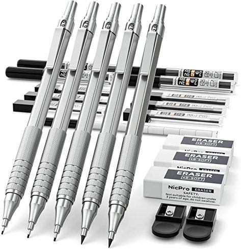 Amazon.com : Nicpro 5 PCS Art Mechanical Pencil Set with Case, 3 PCS Metal Drafting Pencils 0.5, 0.7, 0.9 mm & 2PCS 2mm Graphite Lead Holder(4B 2B HB 2H), Lead Refills,Erasers for Drawing Writing Sketching, Silver : Office Products Art Pencil Set, Best Mechanical Pencil, Mechanical Pen, Drafting Pencil, Types Of Pencils, Mechanical Pencil Lead, Lead Holder, Art Studio Room, Artist Pencils