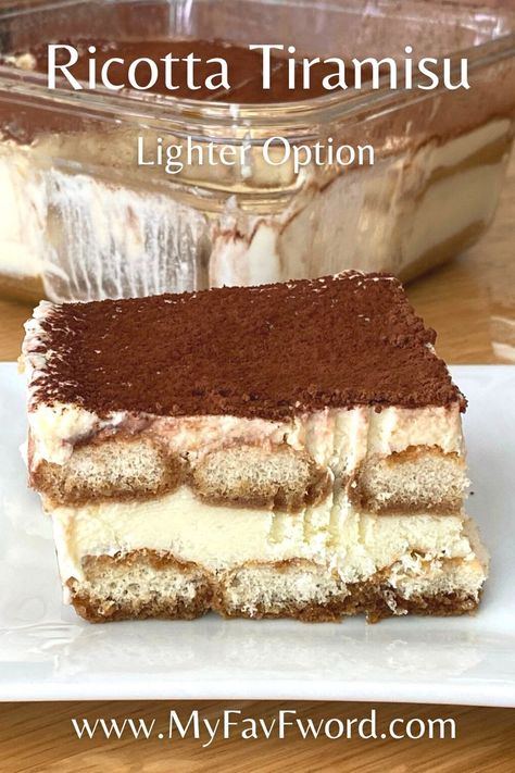 Ricotta tiramisu is a great light and creamy low calorie option to traditional mascarpone tiramisu. This option is definitely different in texture, however, as much or maybe even more divine. This recipe is the same as regular tiramisu recipe, the only difference is the type of cheese that is being used. Some recipes do use whipping cream to make the cake light and some use egg whites. If you care about your calories – egg whites are a better option. #tiramisu #ricottatiramisu #lowcaloriedessert Ricotta Cheese Recipes Dessert, Mascarpone Tiramisu, Ricotta Cheese Desserts, Recipes Using Ricotta Cheese, Ricotta Recipes Dessert, Low Calorie Cheese, Recipe Using Ricotta, Type Of Cheese, Healthy Cream Cheese