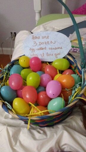 Easter gift for my boyfriend. Filled each egg with a reason why I loved him and some chocolate and candy. Gift For My Boyfriend, Gifts For Boyfriends, Easter Present, Present For Husband, Why I Love Him, Easter Presents, Gifts For My Boyfriend, Easter Gifts, My Boyfriend