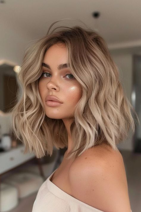 Woman with wavy shoulder-length blonde hair and shimmering makeup standing indoors. Oat Hair Color, Blonde Chart Shades, Root Shadowing Blonde, Multi Deminsional Dark Blonde Hair, Blonde Colours Shades, Lucy Hale Blonde Hair, Bronde Balayage On Short Hair, Balayage On Light Hair, Smoky Gold Hair Color