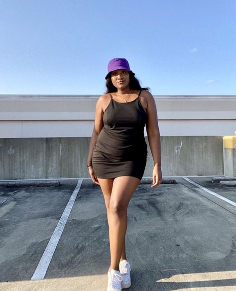 Slip Black Dress, Bucket Hat Looks, Purple Bucket Hat, Plus Size Black Dress, Bucket Hat Outfit, Plus Size Black Dresses, Plus Size Style, Hat Outfit, Workout Style