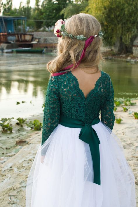 Long Sleeve Flower Girl Dress Emerald Flower Girl Dress | Etsy Emerald And White Wedding Dress, Fall Emerald Green Wedding, Green Flower Girl Dress, Emerald Green Bridesmaid Dresses Winter, Emerald Bridesmaid, Winter Flower Girl Dresses, Christmas Wedding Flower Girl, Long Sleeve Flower Girl Dress, Flower Girl Winter Wedding