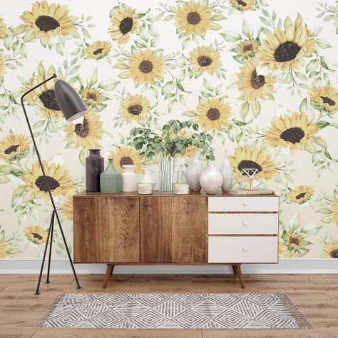 Sunflower Wallpaper. Retro Style Customizable Floral Removable Wall Mural Vintage Sunflower Wallpaper, Flower Wallpaper Trend, Boho Sunflower Wallpaper, Sunflower Wallpaper Bathroom, Mural Sunflower, Sunflower Room Wallpaper, Wallpaper Sunflower, Trend Wallpaper, Sunflower Wall Stickers