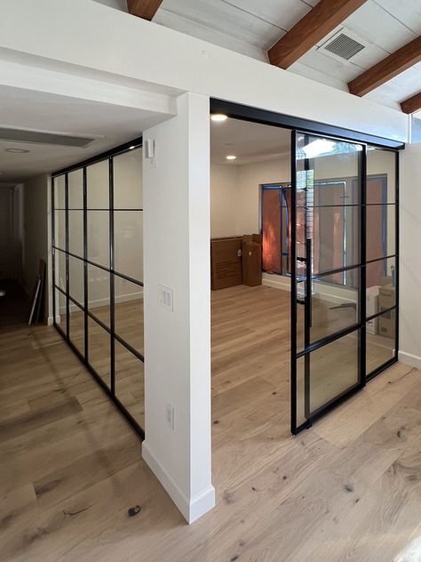 Dining Room With Glass Walls, Sliding Office Glass Door, Sliding Glass Room Divider, Interior Glass Sliding Door, Modern Sliding Glass Doors Interior, Small Office Glass Door, Sliding Glass Doors Dining Room, Indoor Glass Sliding Doors, Sliding Door Office Design