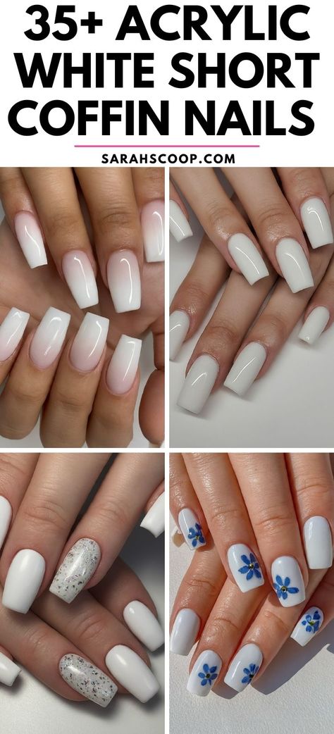 Embrace simplicity and elegance with these 35+ short coffin acrylic nail designs in white. Perfect for any occasion! #WhieNails #AcrylicNails #NailDesigns Short Coffin Designs, Coffin Shape Wedding Nails, White Design Nails Short, Coffin White Nails Design, Nail Ideas Simple White, Nail Designs In White, Acrylic Nails Ideas Square, White Coffin Nails Design, Elegant Coffin Nails