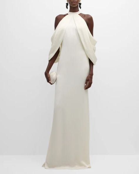 T5VT8 Badgley Mischka Collection Draped Cold-Shoulder Halter Gown Cold Shoulder Gown, Draped Gown, Badgley Mischka Dress, Bachelorette Party Dress, Drape Gowns, Evening Dress Floor Length, Designer Evening Gowns, Halter Gown, One Shoulder Gown