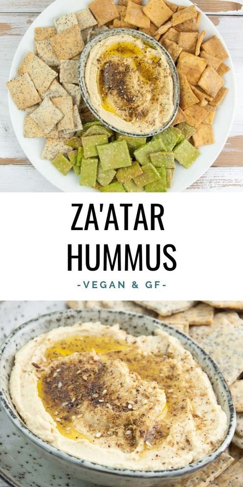 Za'atar Hummus - Creamy Hummus topped with olive oil and Za'atar seasoning. Delicious with crackers! | ElephantasticVegan.com #vegan #hummus #zaatar Zaatar Hummus, Za Atar Seasoning, Zaatar Seasoning, Zaatar Recipe, Cottage Cheese Salad, Creamy Hummus, Vegan Party, Homemade Crackers, Layered Salad