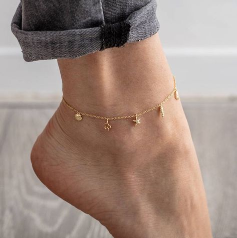 Modern Anklets, Anklet Tattoo, Cute Anklets, Unique Wedding Jewelry, Anklet Tattoos, Silver Ankle Bracelet, Summer Jewellery, Sea Life Jewelry, Minimalist Necklace Gold