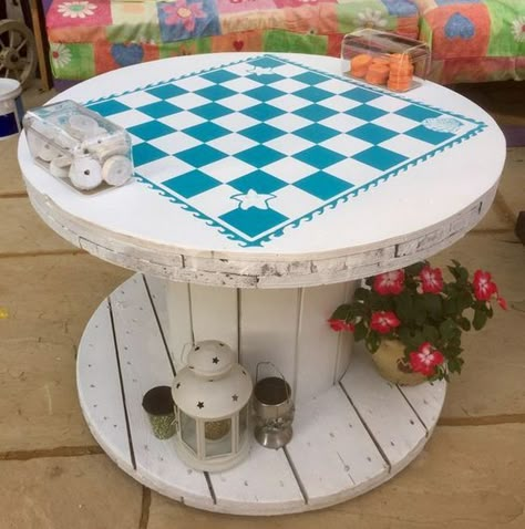 Wood Reel Projects, Wooden Cable Reel Ideas, Wooden Spool Tables Diy, Wood Cable Reel Ideas, Cable Spool Tables Outdoor, Spool Table Ideas Diy, Cable Spool Game Tables, Small Spool Ideas, Ideas For Wooden Spools