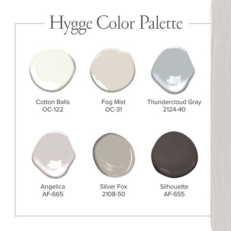 Benjamin Moore on Instagram: “Cozy up to our hygge-inspired palette. “[Hygge] is used when talking about everything wonderful and comfortable, without stress when you…” Hygge Painting, Hygge Paint Colors, Hygge 2023, Hygge Color Palette, Scandinavian Paint Colors, Hygge Cabin, Hygge Colors, Color Palette Paint, Scandinavian Color Palette