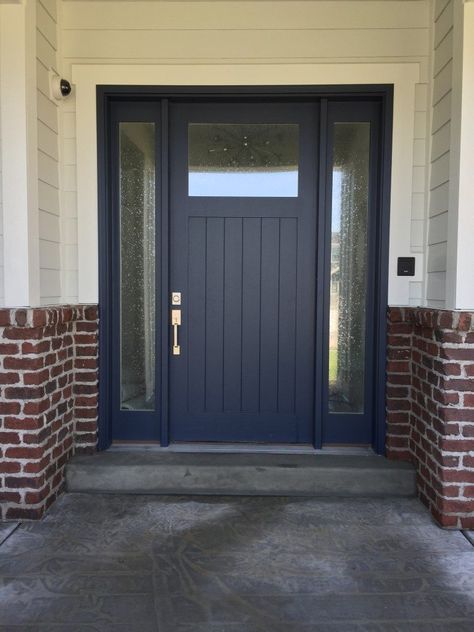 Blue House Red Door, Shutters Brick House, Blue Front Doors, Dark Blue House, Navy Front Door, Dark Blue Houses, Front Door Inside, Installing Exterior Door, Front Door Styles