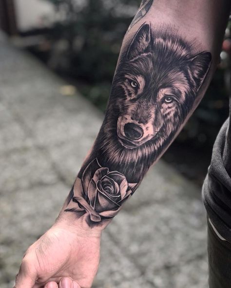 Wolf Tattoo Forearm, Lower Arm Tattoos, Rose Tattoo On Arm, Wolf Tattoos Men, Wolf Tattoo Sleeve, Rose Tattoos For Men, Forearm Band Tattoos, Knuckle Tattoos, Wolf Tattoo Design