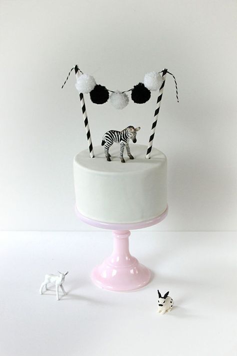 Monochrome Party, Zebra Cakes, Pompom Garland, Zebra Birthday, Zebra Party, Zebra Cake, Animal Cakes, Animal Cake, Twin Birthday