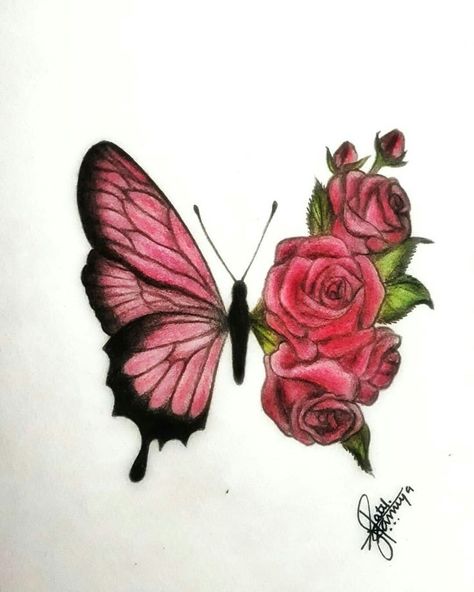 .. Rose Butterfly Drawing, Butterfly Rose Drawing, Realistic Butterfly Drawing, Pencil Inspiration, Butterfly Art Drawing, Small Butterfly Tattoo, Butterfly Art Painting, Pencil Sketch Images, Rose Drawing