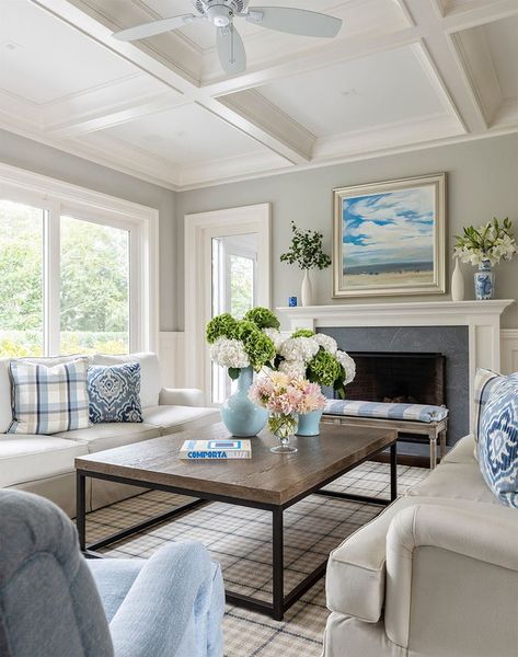 Blue Living Rooms, Baby Blue Paint, Functional Living Room, White Loveseat, Coastal Style Living Room, Blue Ottoman, Coastal Interior, Classic Living Room, Blue Accent