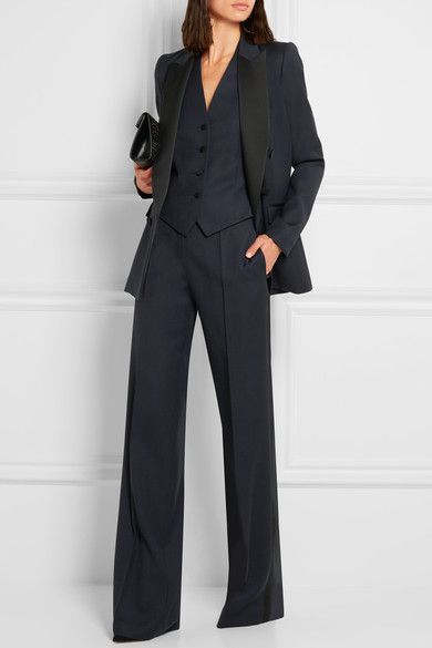 parisian panache (Pallas satin-trimmed grain de poudre wool blazer, vest and wide-leg pants + Christian Louboutin pumps + Alaia leather clutch) @ net-a-porter Power Dressing Women, Boss Dress, Woman In Suit, Fest Outfits, Work Pants Women, Black Bracelet, Woman Suit Fashion, Power Dressing, Maria Black