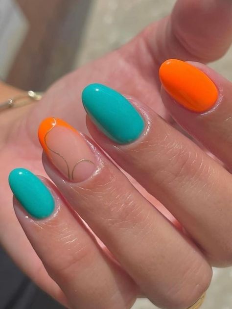 Turquoise and orange nails Turquoise And Orange Nails, Turquoise Nail Polish, Turquoise Nail Art, Teal Acrylic Nails, Turquoise Nail Designs, Teal Nail Designs, Orange Nail Designs, Teal Nails, Turquoise Nails