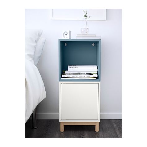 $60 - desk storage - EKET Storage combination with legs - white/light blue - IKEA Eket Bedside Table, Eket Nightstand, Bedside Table Hack, Ikea Eket, Bedroom Decor On A Budget, Hacks Ikea, Living Room Orange, Diy Ikea, Ikea Home