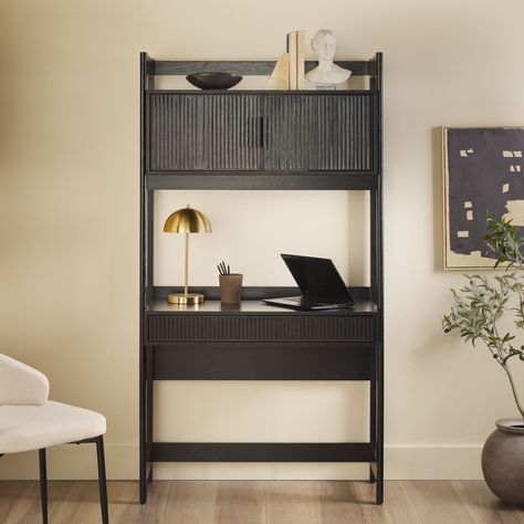 Middlebrook Designs Reeded Desk with Hutch and Outlets - Bed Bath & Beyond - 40532281 Living Room Hutch, Transitional Desk, Wide Bookshelf, Writing Desk Modern, Desk With Hutch, Phone Cords, Task Lamp, Desk Hutch, Cord Storage