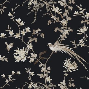 Kravet Design - W3714-5 | Kravet Chinoserie Wallpaper, York Wallpaper, Chinoiserie Wallpaper, Tropical Wallpaper, Metallic Wallpaper, Botanical Wallpaper, Wallpaper Black, Fabric Houses, Bird Patterns