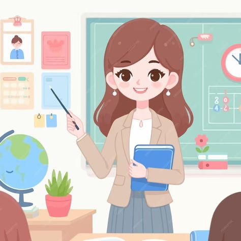 Premium Vector | A cartoon of a teacher with a pencil in her hand Teacher Cute Cartoon, Teacher Cartoon, School Study Ideas, Study Ideas, School Study, Catch Phrase, Baby Scrapbook, A Pencil, A Cartoon