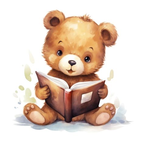 Bear Reading A Book, Brown Bear Illustration, Book Watercolor, Teddy Bear Theme, Teddy Bear Design, Class Decor, Bear Illustration, Cute Teddy Bear, Bear Theme