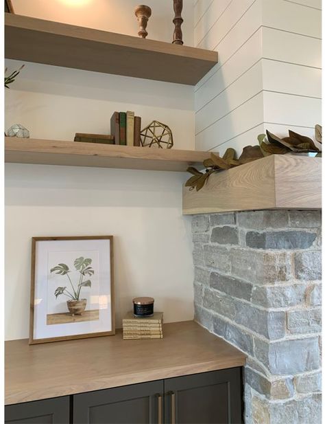 Floating Shelves On Both Sides Of Fireplace, Slate Fireplace Surround, Built In Shelves Living Room, Living Room Built Ins, Fireplace Tile Surround, Living Tv, Mantel Design, Orange Bowl, Fireplace Built Ins