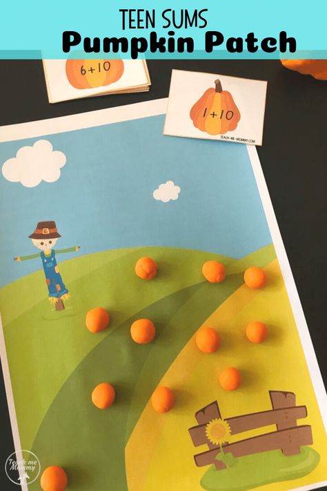 Free Teen Sums Pumpkin Patch playdough mat to practice teen sums! #freebie #freeprintable #playdough #funlearning #teachmemommydotcom Pumpkin Patch Theme, Pumpkin Patch Activities, Halloween Themed Activities, Pumpkin Books, Subtraction Activities, Pumpkin Printable, Learning Printables, Free Printable Activities, Pretty Pumpkins