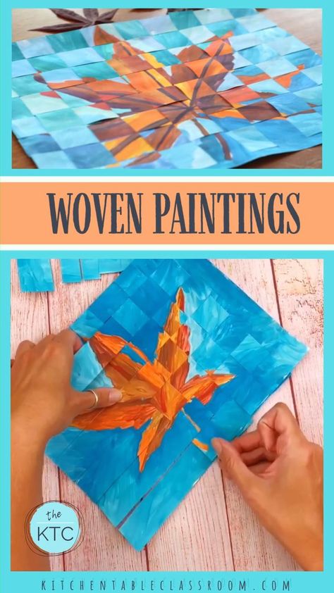 Paint two similar paintings and weave them together.  Practice basic weaving skills and create a finished work of art that wows!  #weavepaper #papercrafts #artprojectsforkids #craftsforkids Weaving Paper, Paper Paintings, Two Paintings, Fall Art Projects, 6th Grade Art, 5th Grade Art, Paper Weaving, Elementary Art Projects, Homeschool Art