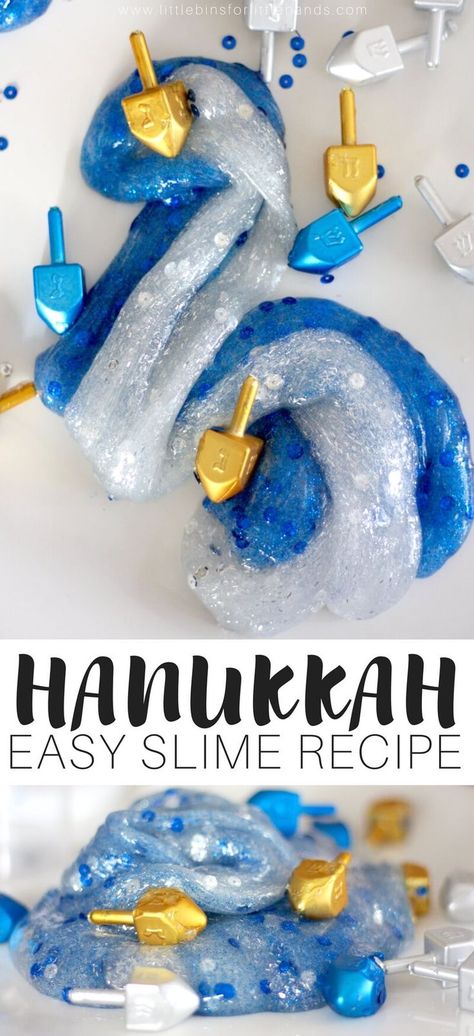 Easy To Make Hanukkah Slime Recipe for Kids Winter Holiday Cookies With Raspberry Jam, Dreidel Craft, Hanukkah Preschool, Slime Recipe Kids, Hannukah Crafts, Fun Slime, Hanukkah Activites, Crafts Winter, Slime Collection